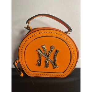 NWOT Orange Round Crossbody Bag‎ Gold NY Yankees Logo Studded Trim